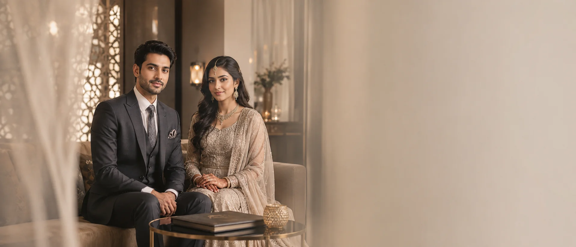 Couple seated in a refined private setting