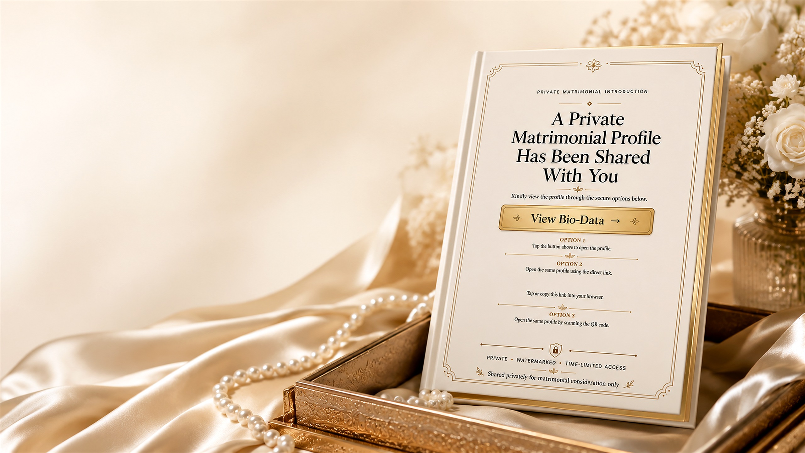 Premium private matrimonial bio-data card displayed with pearls and roses