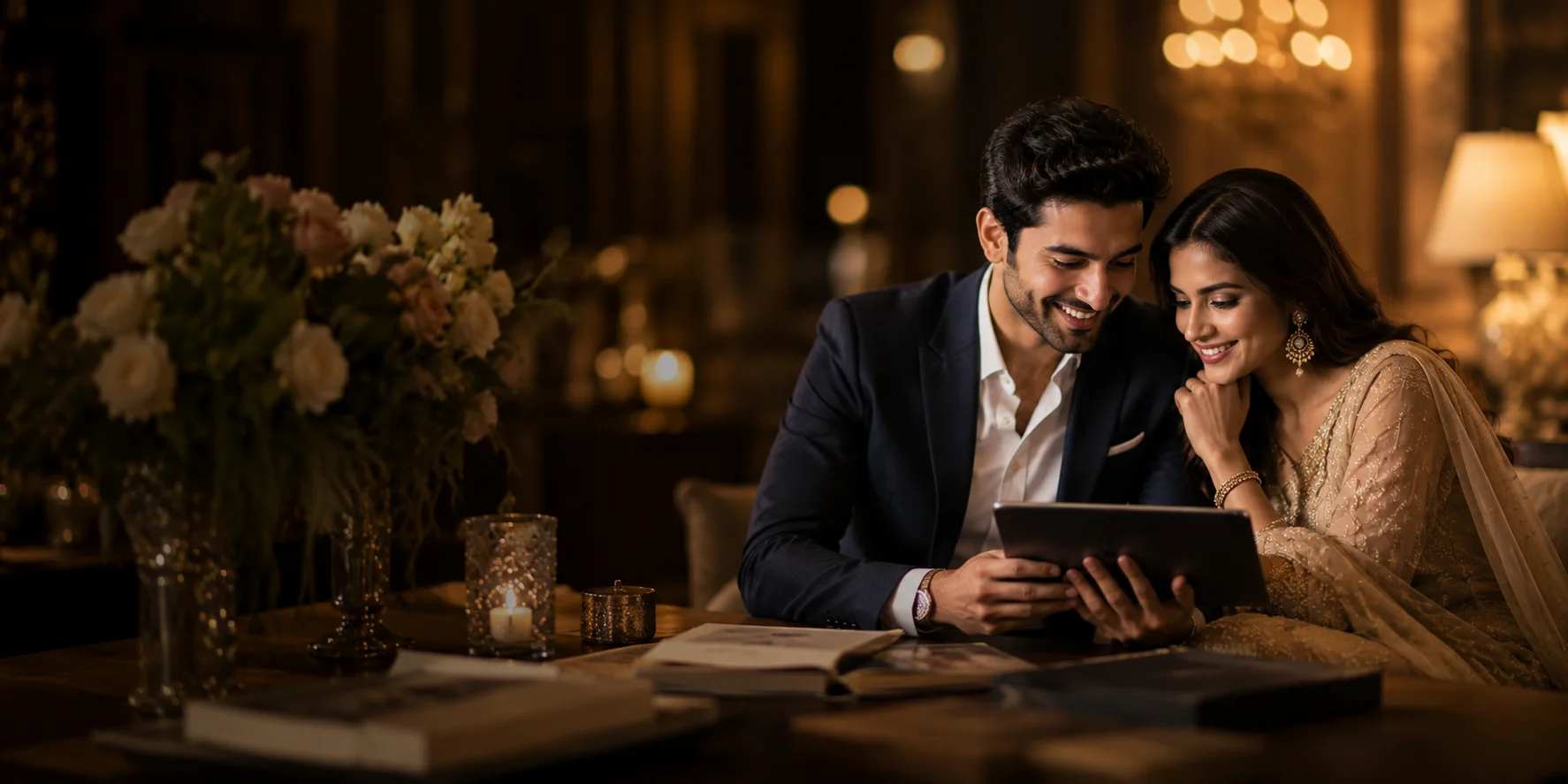 Couple reviewing a profile together in a premium setting